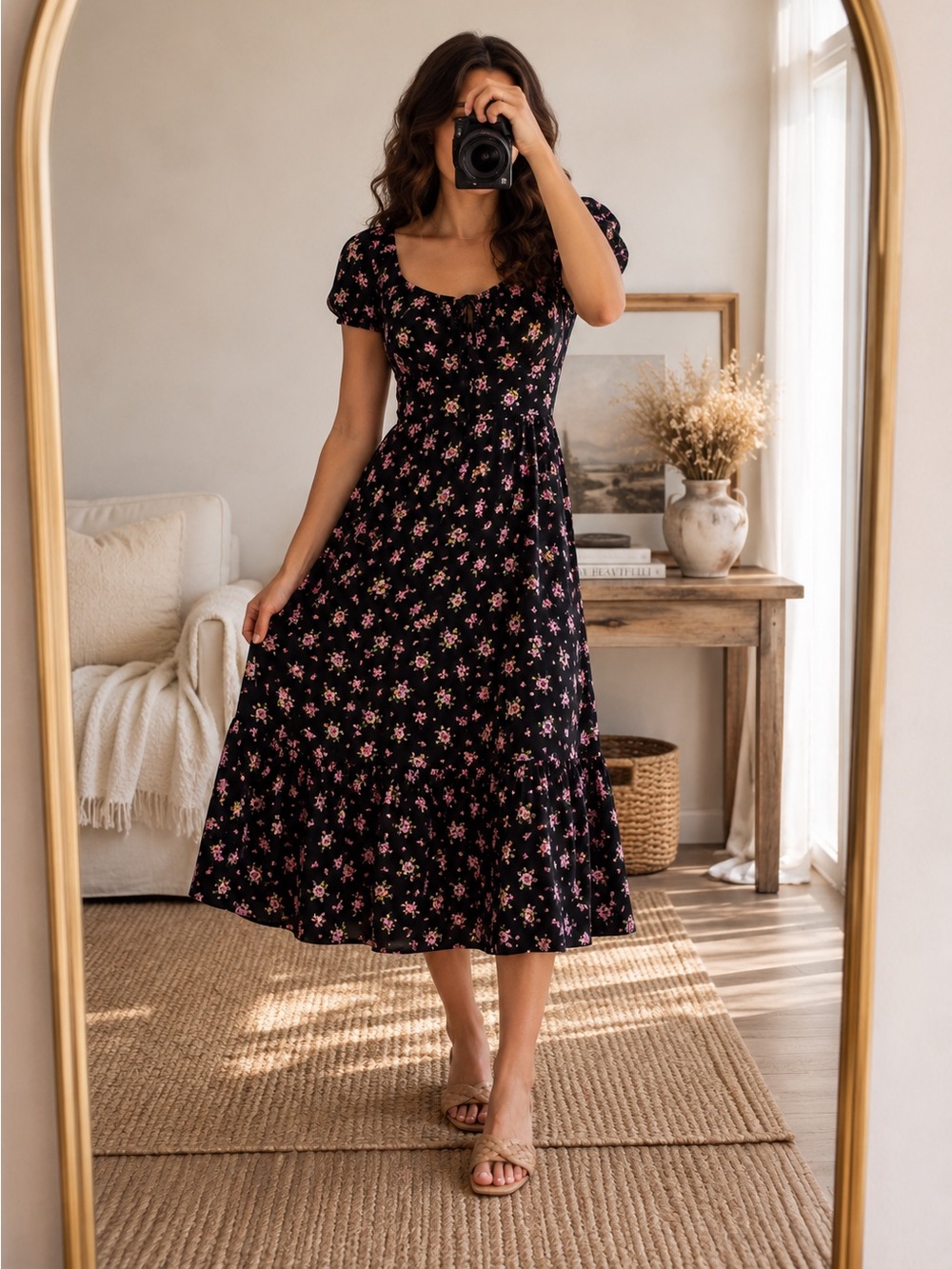 ANGIE Romantic | Cottagecore | Floral Midi Dress Puff Sleeves | NWT | Medium